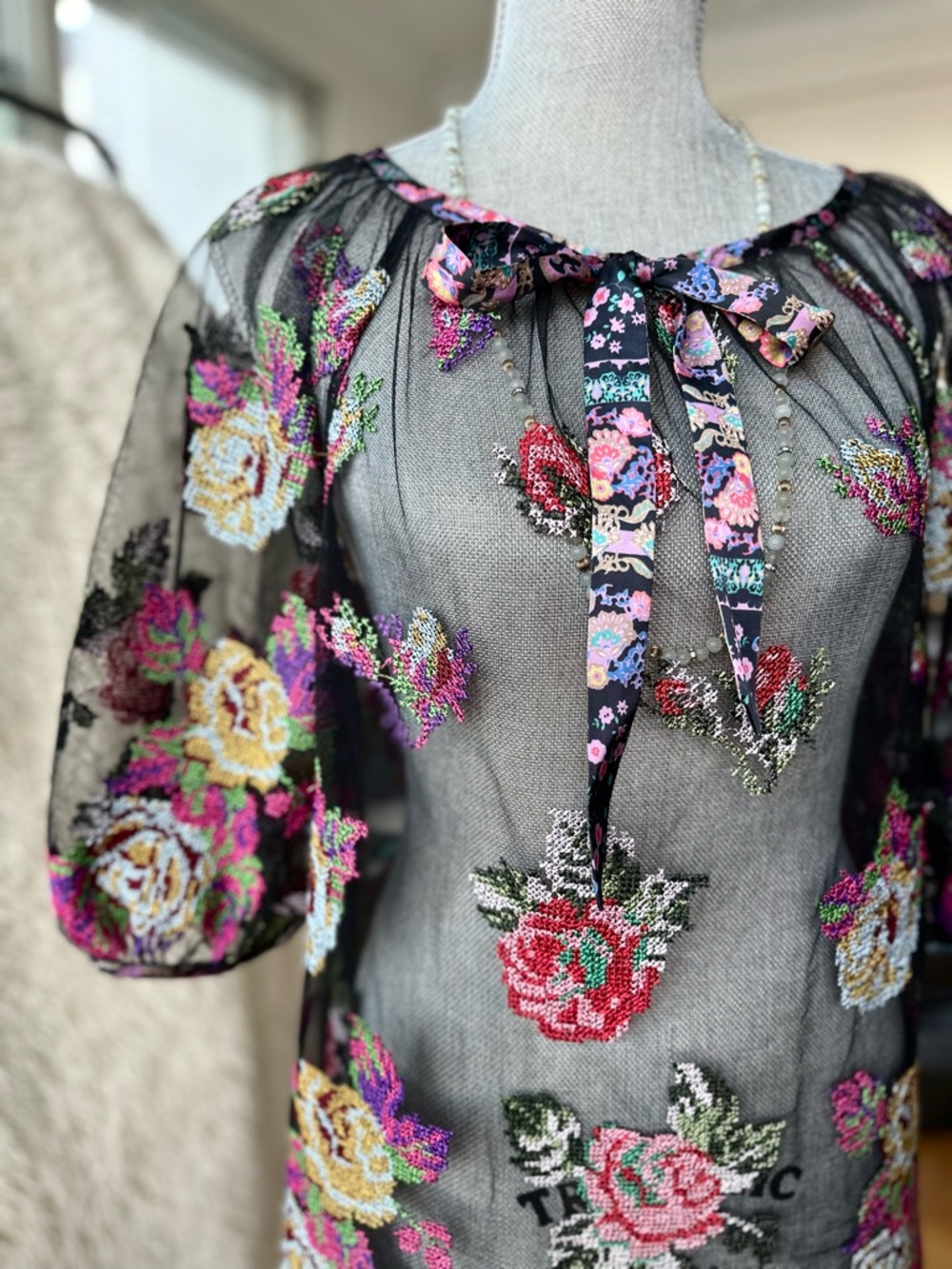 Anna Sui Sheer Black Floral Beaded Blouse with Ribbon Tie - Picture 10 of 15